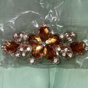 NEW!! Peach/Orange Flower Rhinestone Hair Clip, 3 in, clips/fastens in the back.